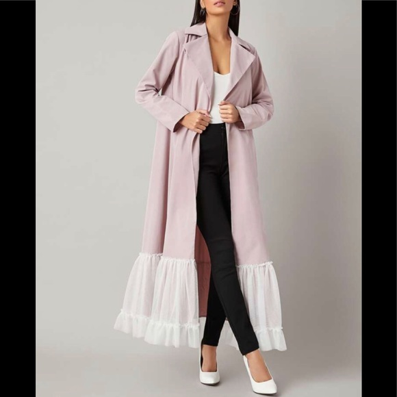 Belted Coat with Ruffle Mesh Hem - Picture 1 of 5